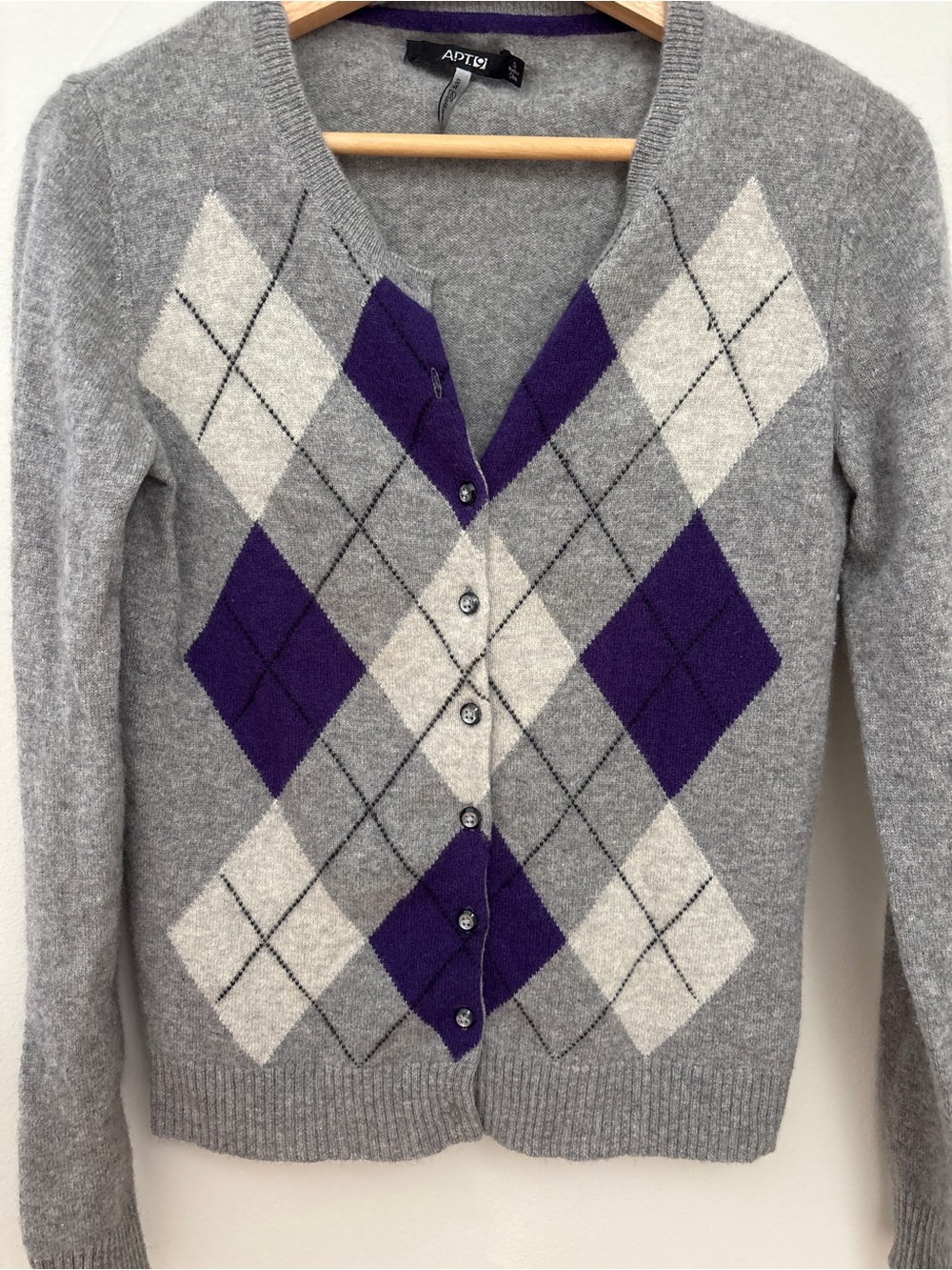 Apt. 9 Gray, Purple & Cream Argyle V-Neck Cashmere Cardigan